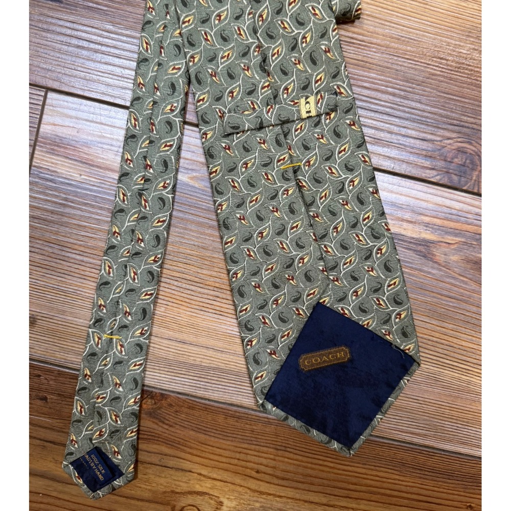 Coach Mens Silk Tie Olive Green Paisley Leaf Pattern Hand Made Formal Necktie